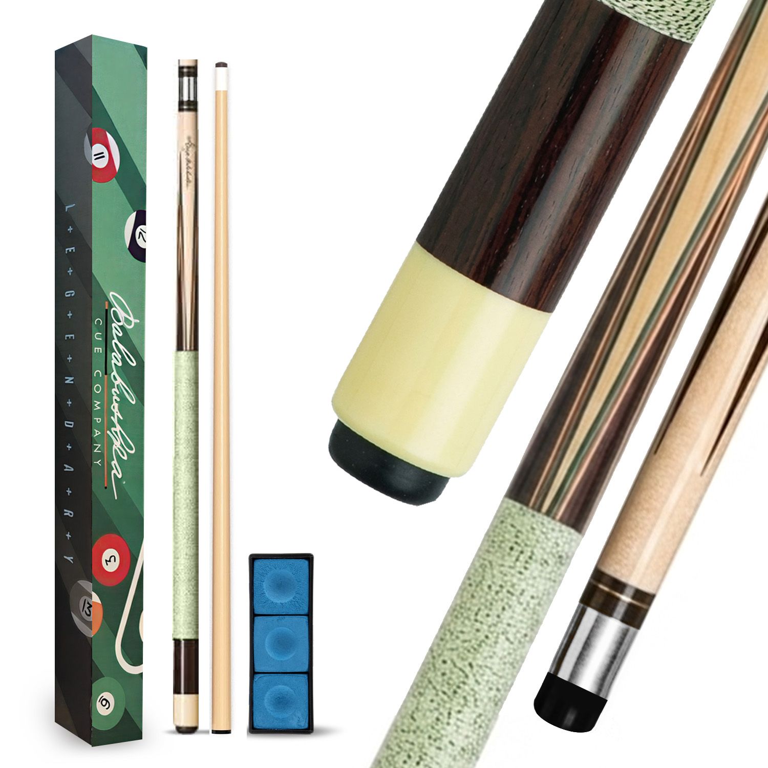 GB1 billiard cue complete package with decorative box, cue case, accessories, and blue chalk included