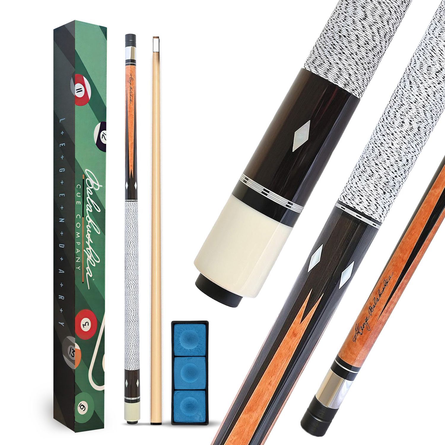 GB6 billiard cue complete package with decorative box, cue case, blue chalk accessories, and premium Balabushka cue components