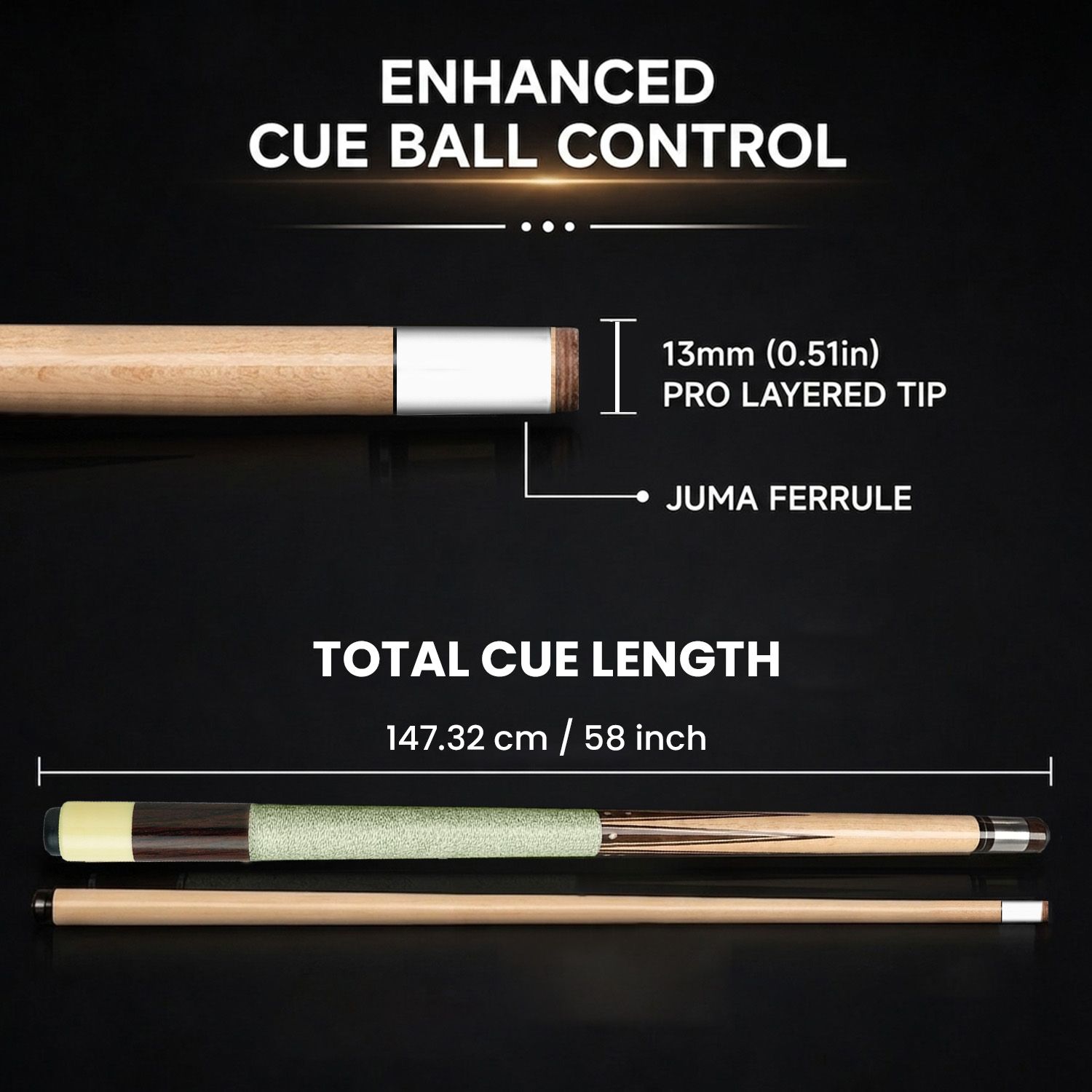 GB1 billiard cue specifications showing enhanced cue ball control, 13mm pro layered tip, Juma ferrule, and 58 inch cue length
