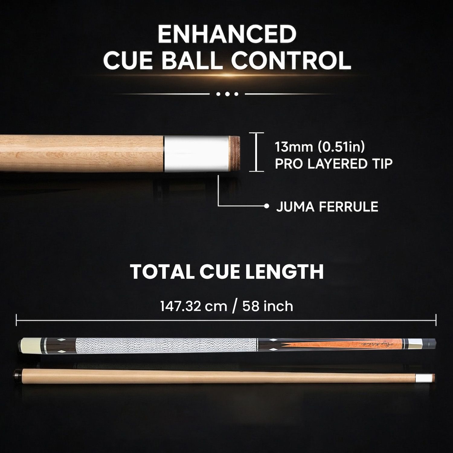 GB6 billiard cue specifications showing enhanced cue ball control, 13mm pro layered tip, Juma ferrule, and 58 inch cue length