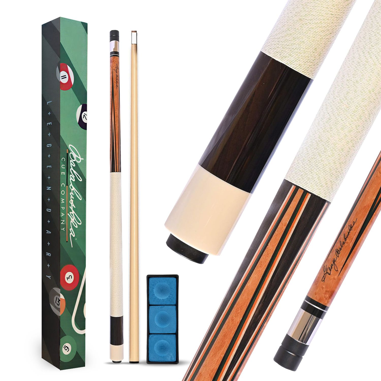 GB2 billiard cue complete package with decorative box, cue case, joint protectors, and Balabushka accessories
