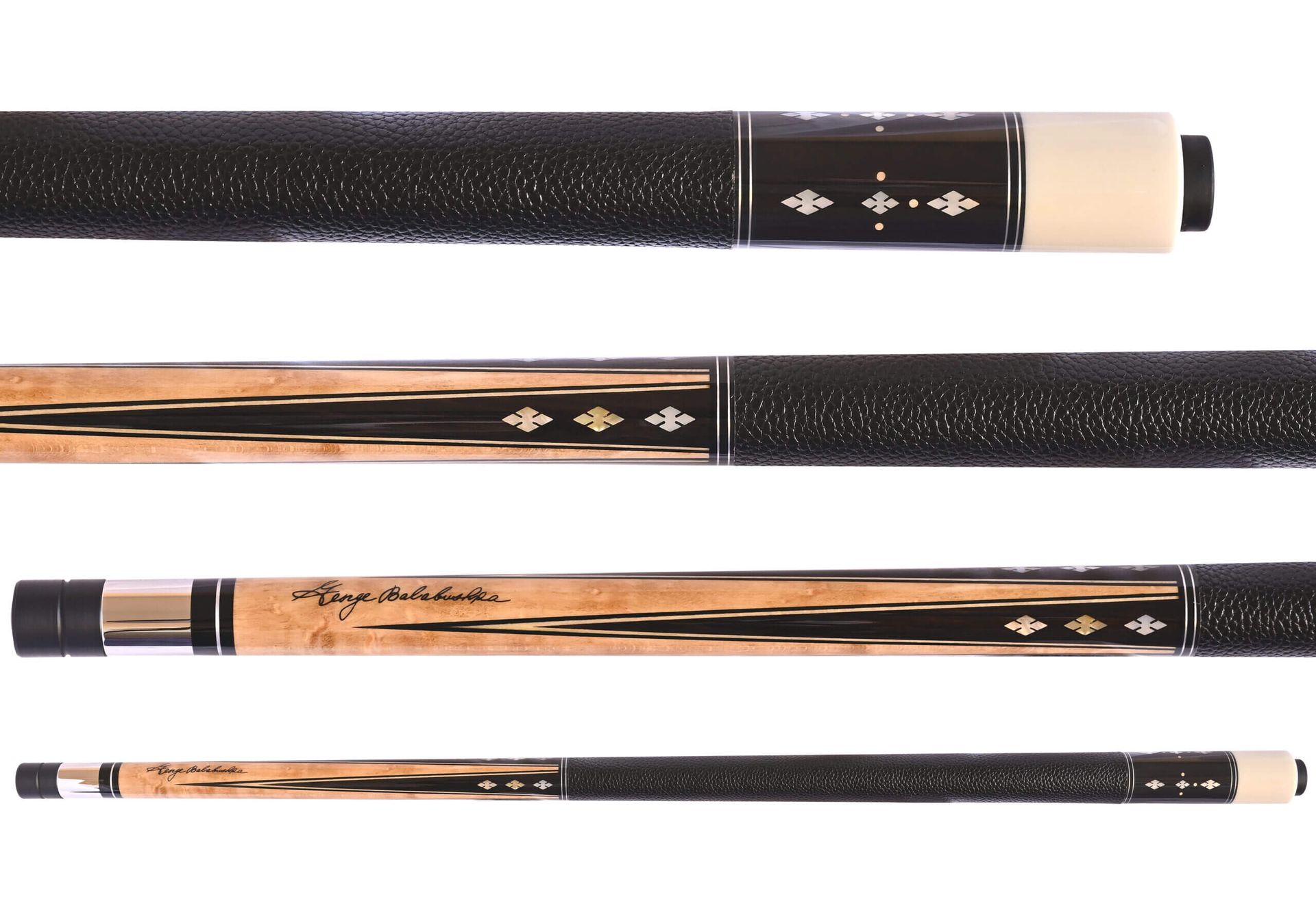 Pool cue with tan and green design and white grip.