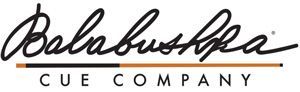 Balabushka Cue Company logo in black script with orange underline on a white background
