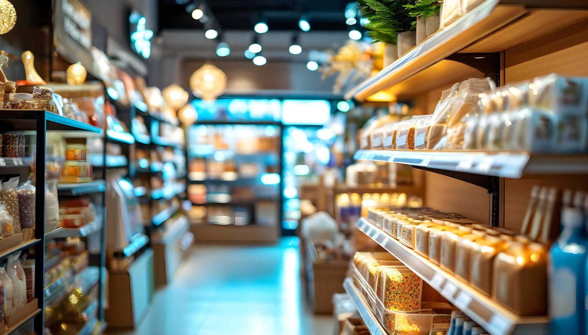 View of the packaging of various products displayed on shelves inside a store.
