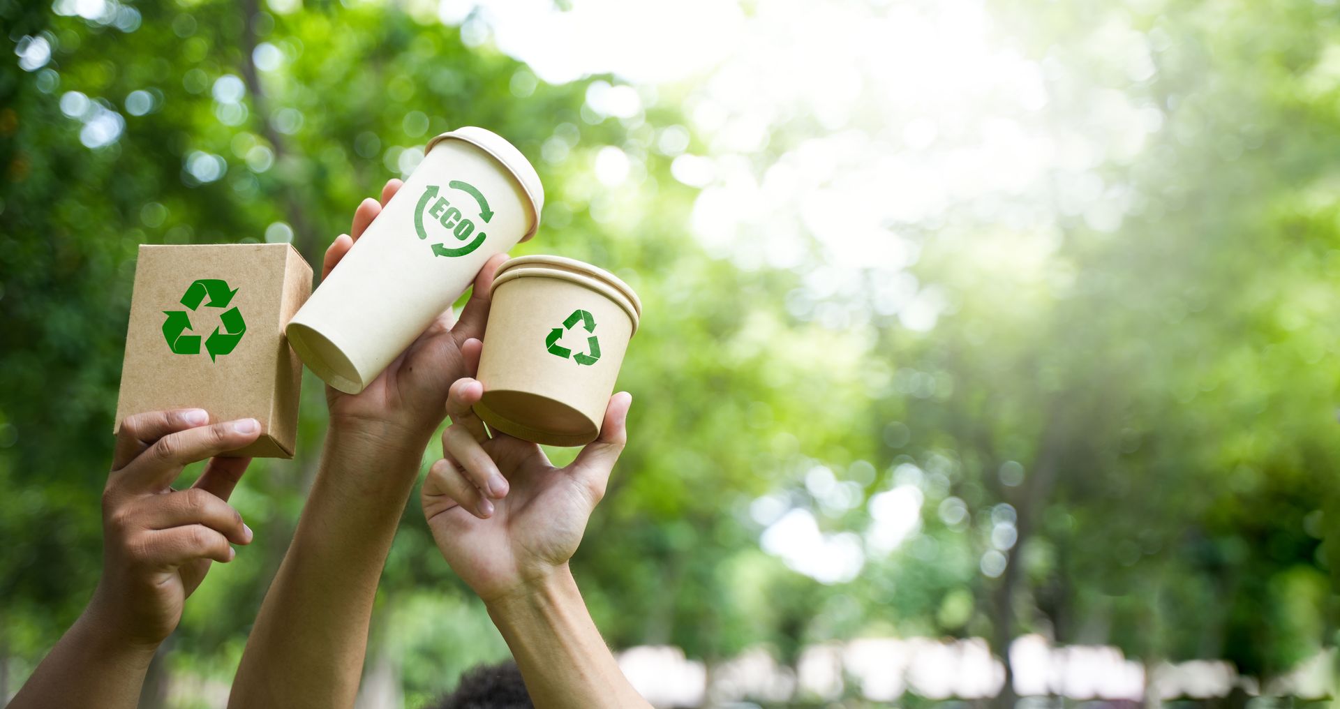 View of three eco-friendly packaging for different products being lifted in the air outdoors.