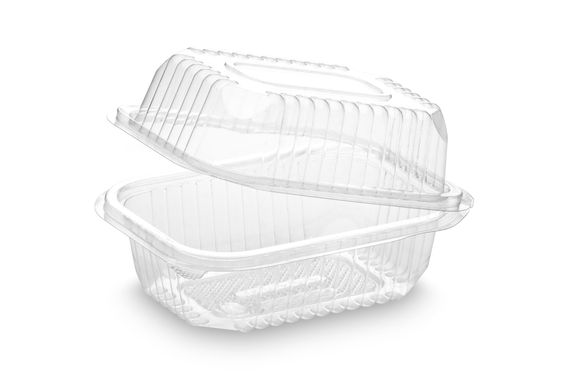 Transparent food container on white backdrop, representing plastic clamshell packaging.