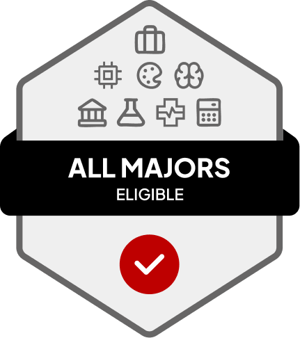 Badge with blue banner: 