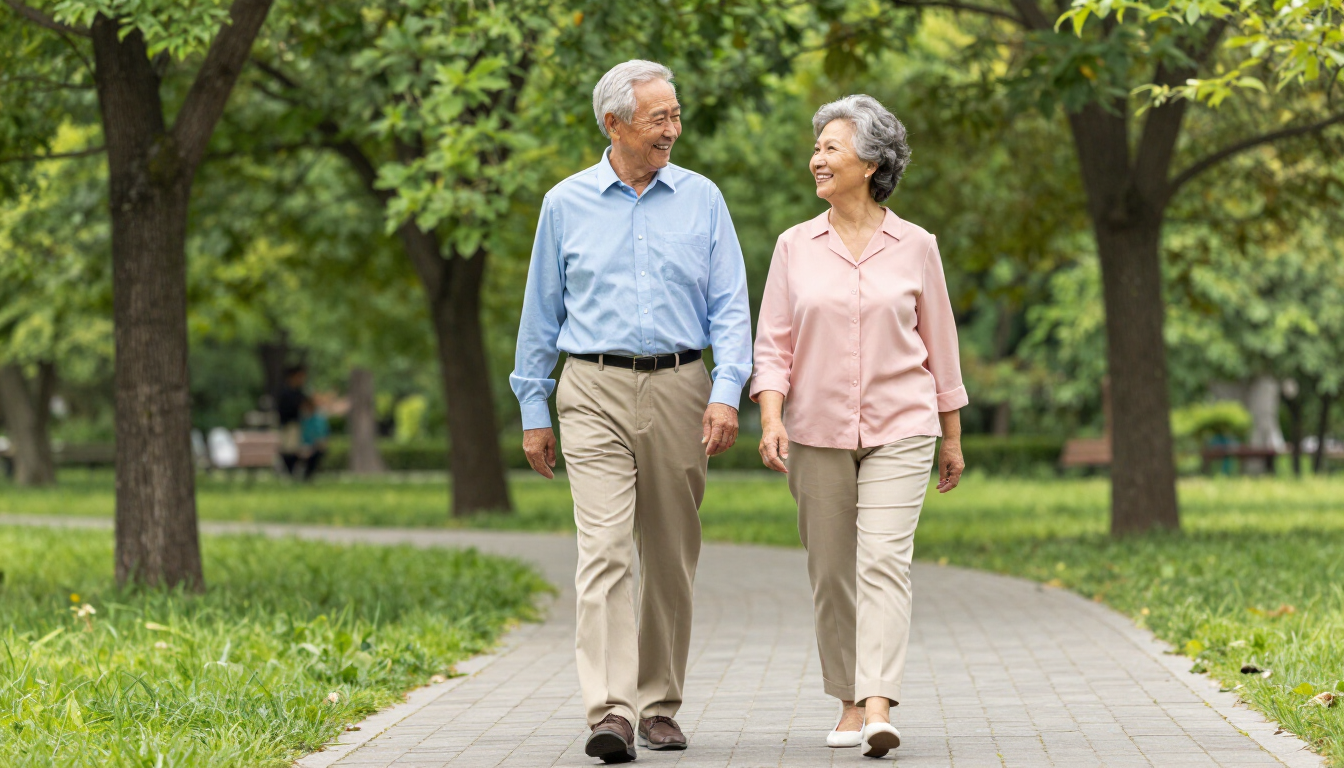 Active senior couple walking