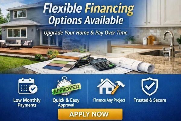 Flexible financing banner for home upgrades with apply now button, house, tools, and payment icons