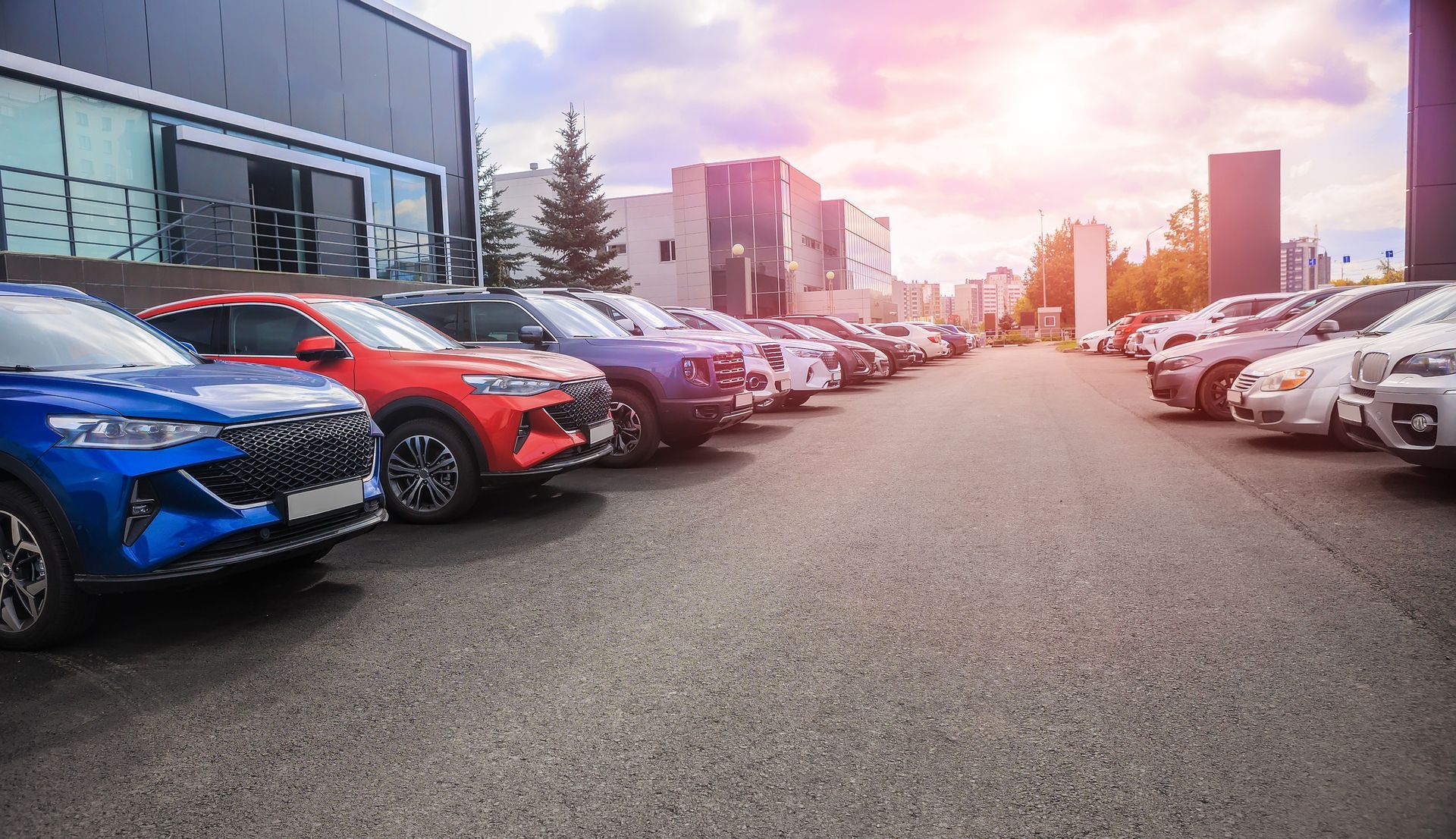 A row of cars are parked in a parking lot in front of a car dealership.