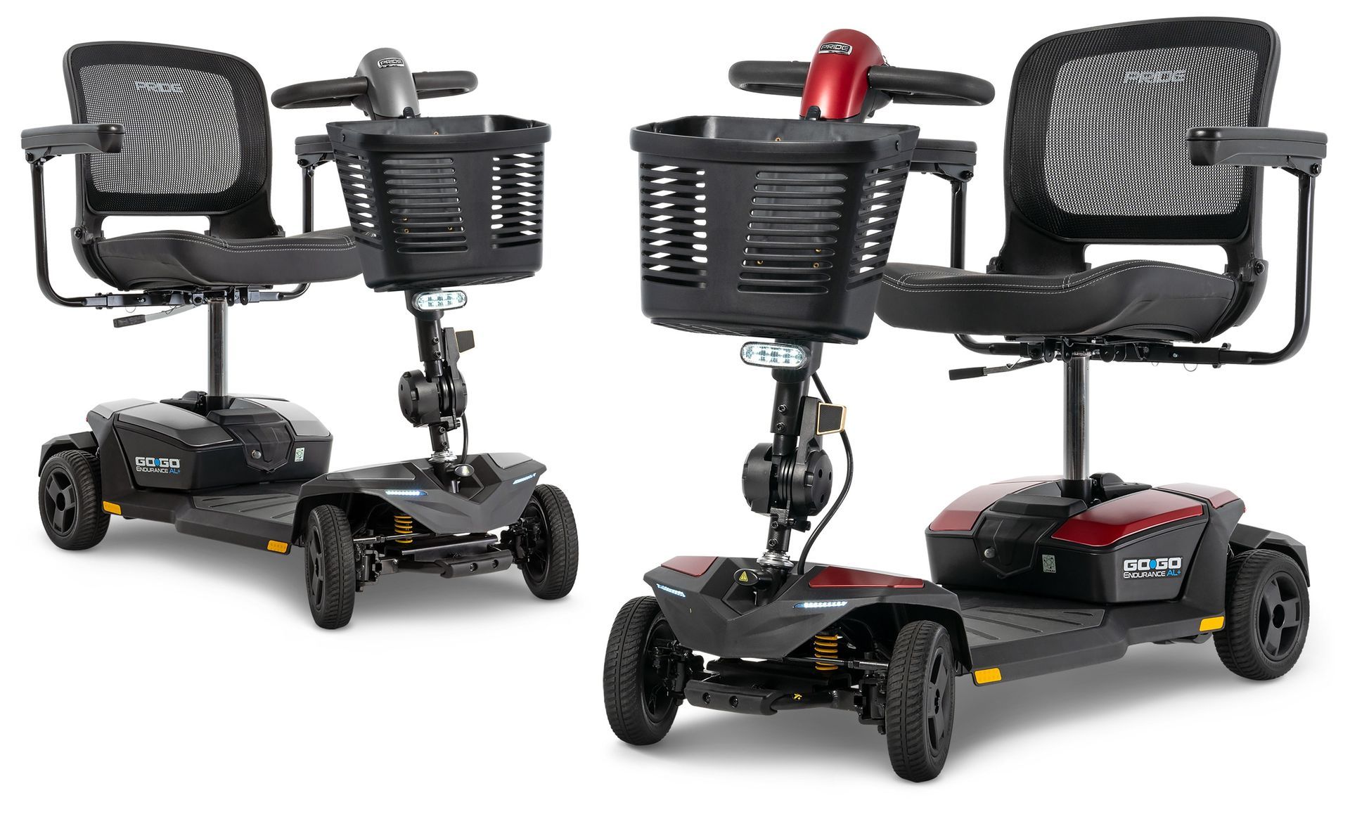 Maroon rollator walker with black seat and four wheels in a store aisle