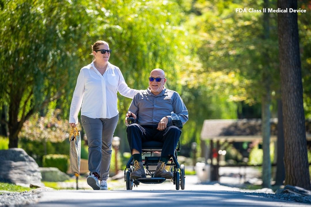 Medical supply store aisle with walkers, wheelchairs, and mobility aids on display