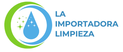 Logotipo con gota de agua azul, círculo verde y azul y texto: La Importadora Limpieza.