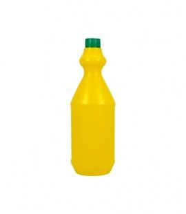 Botella de plástico amarilla con tapón verde.