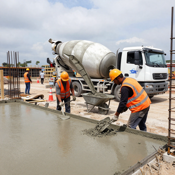 “Concrete mixer truck delivering material to a construction site with workers nearby during concrete services in Pine Hills, FL”
