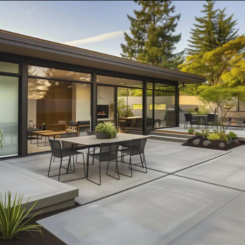 “Modern backyard patio with a smooth concrete surface, glass doors, and shaded outdoor seating during concrete services in Pine Hills, FL”
