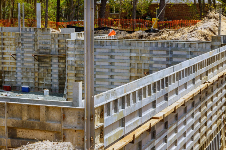 “Concrete wall formwork and reinforcement set up at a construction site during concrete services in Pine Hills, FL”