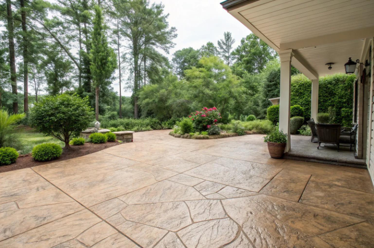 “Large stamped concrete patio with decorative stone-style texture beside a covered porch during concrete services in Pine Hills, FL”