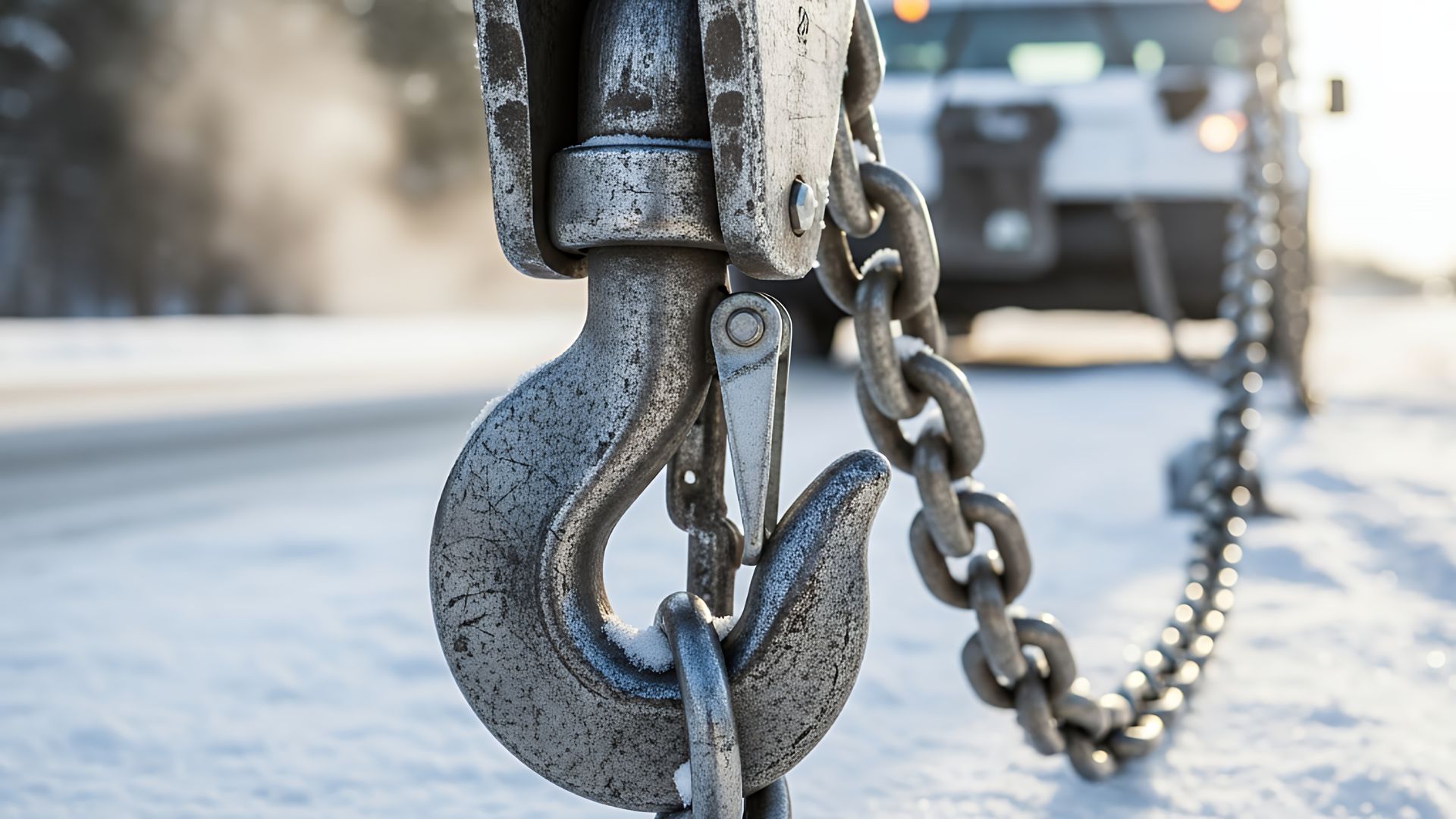 Heavy-duty metal hook and chain for safe winter RV towing on a snowy road