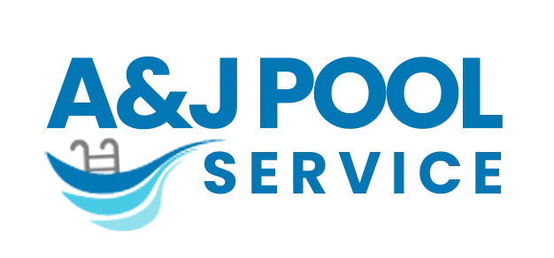 The A&J Pool Service logo features blue text with a stylized wave icon and a small pool ladder graphic.