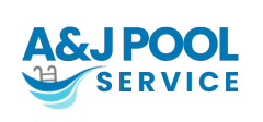 The A&J Pool Service logo features blue text with a stylized wave icon and a small pool ladder graphic.