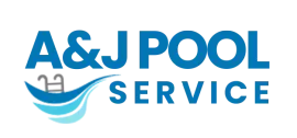 The A&J Pool Service logo features blue text with a stylized wave icon and a small pool ladder graphic.