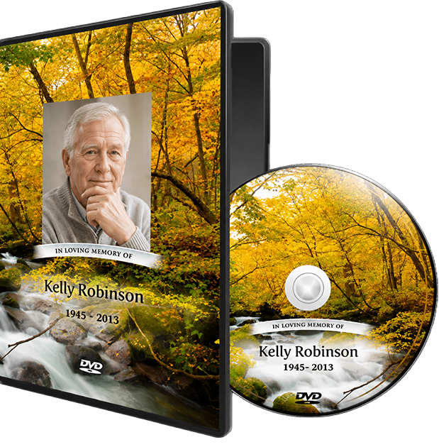 DVD case and disc memorial for Kelly Robinson, with portrait over autumn yellow leaves and dates 1945–2013