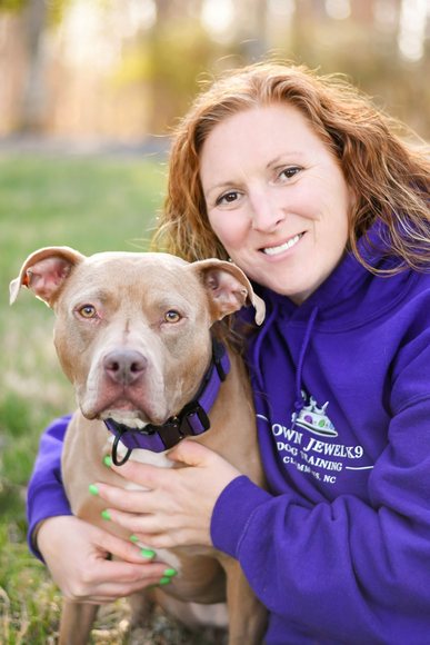 Female dog trainer sitting on the ground with two yellow lab puppies.