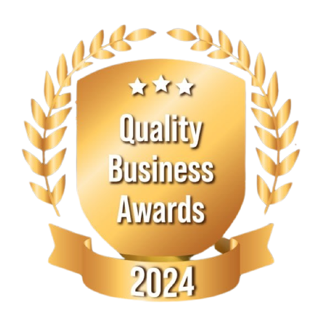A gold shield with the words quality business awards 2024 on it