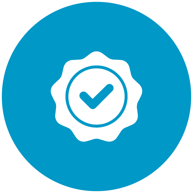 A blue circle with a white icon of a check mark inside of it.