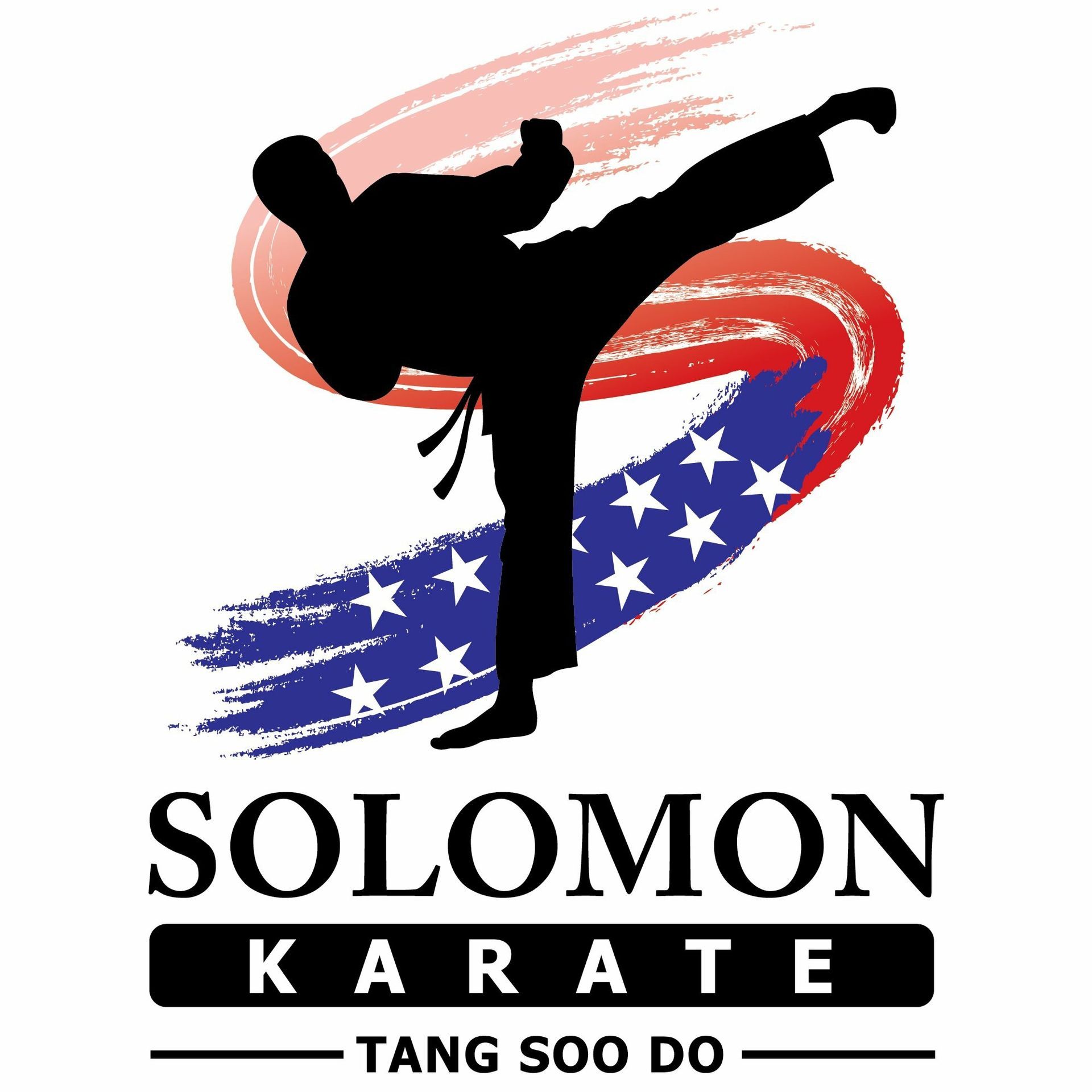 A logo for solomon karate with a silhouette of a person kicking