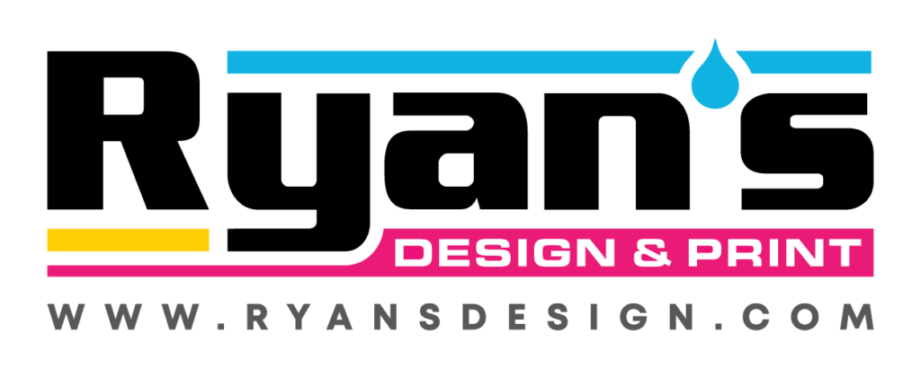 The logo for ryan 's design and print is shown on a white background.