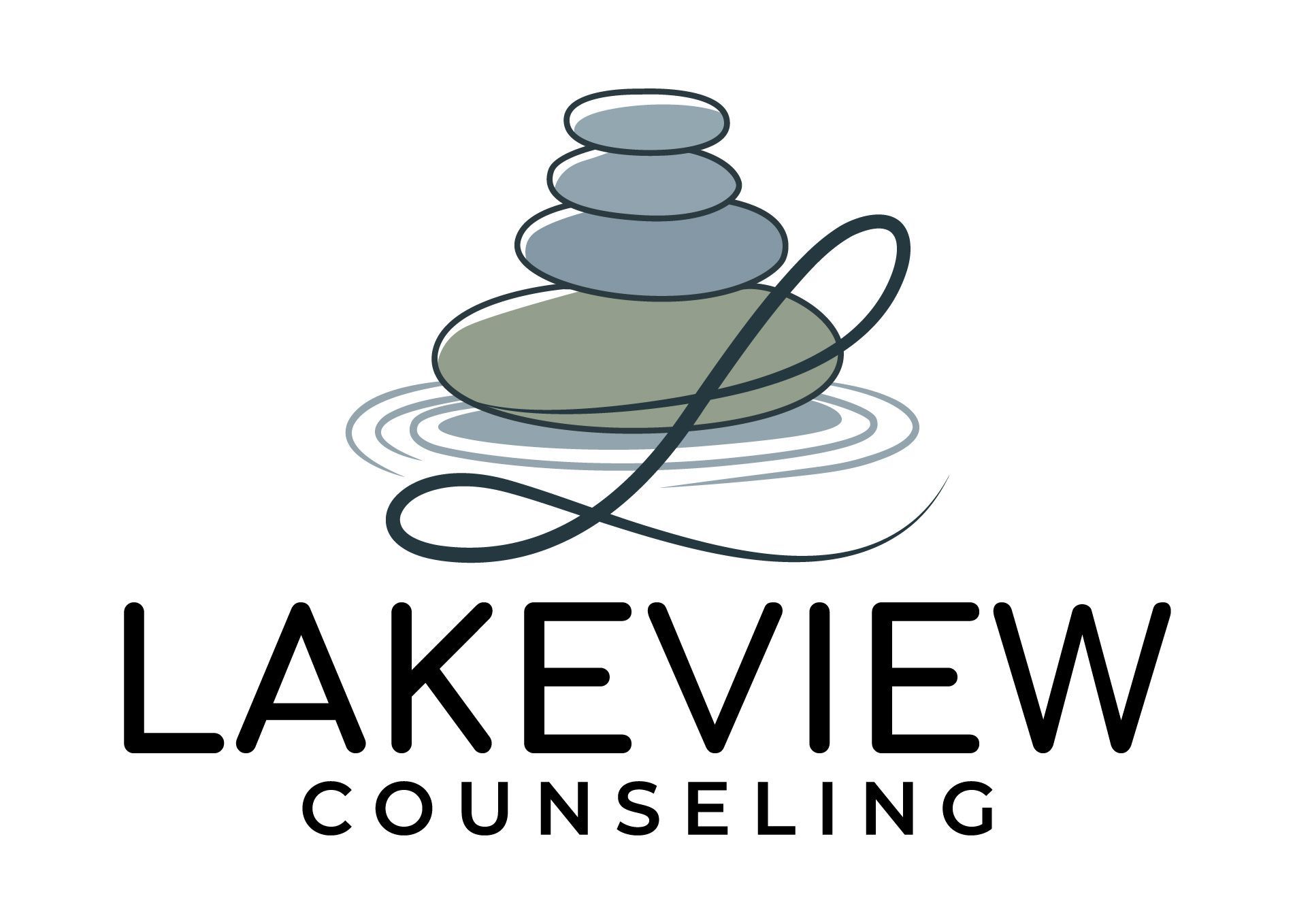 The logo for lakeview counseling shows a stack of rocks in the water.