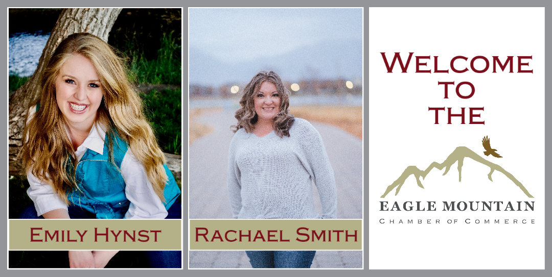 A picture of emily hynst and rachael smith next to a welcome to the eagle mountain sign