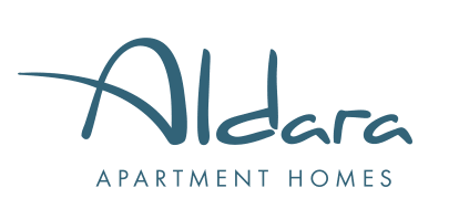 The logo for aldara apartment homes is blue and white.