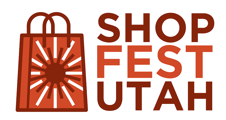 The logo for shop fest utah is a red bag with a sun on it.