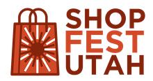 The logo for shop fest utah is a red bag with a sun on it.