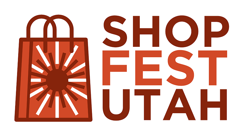 The logo for shop fest utah is a red bag with a sun on it.