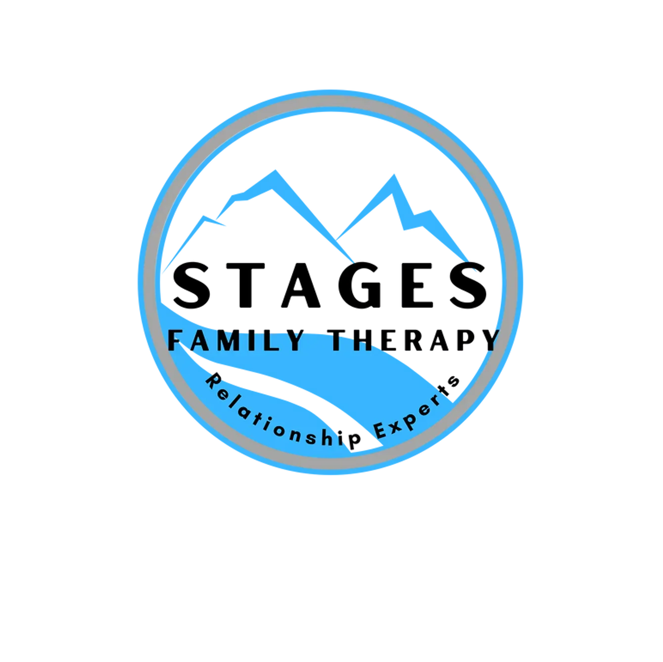 A logo for stages family therapy with mountains in the background