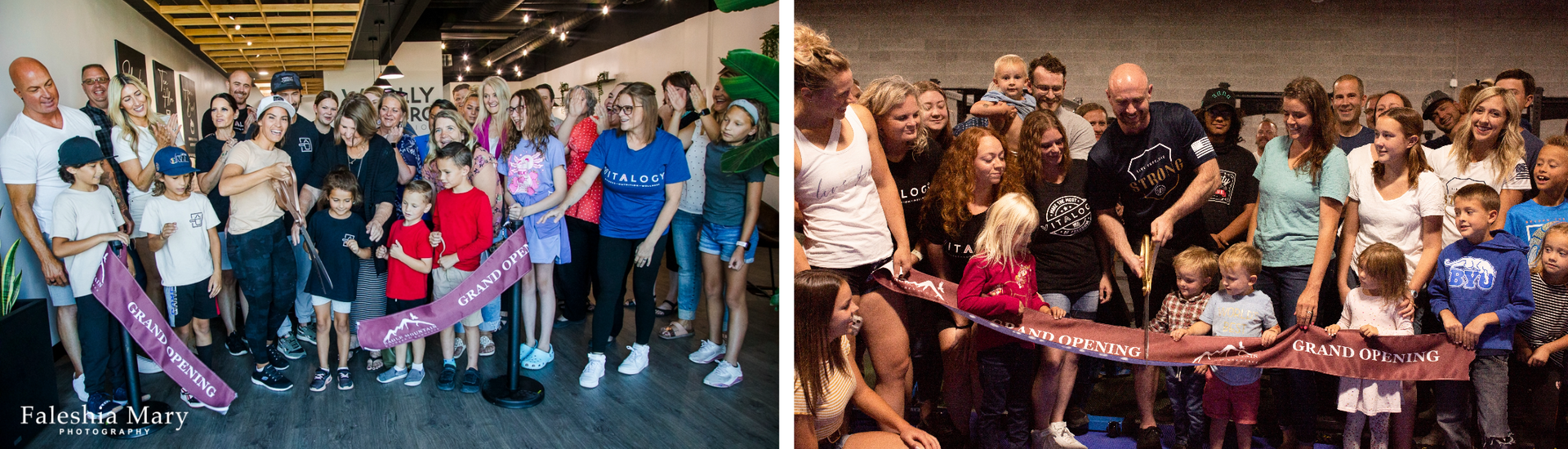 Two pictures of a large group of people standing next to each other.