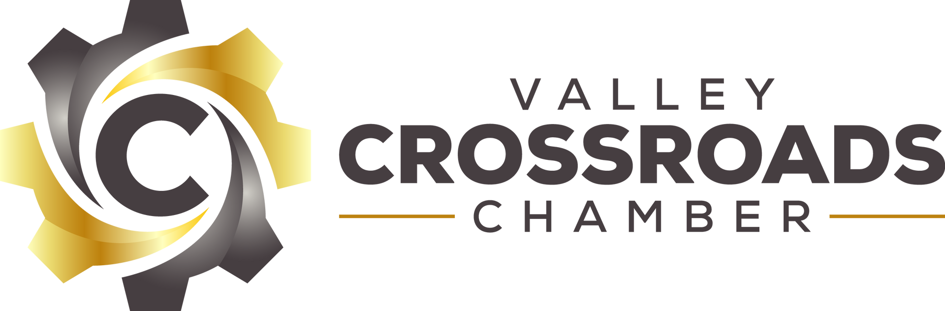 The logo for the valley crossroads chamber has a gear in the middle of it.