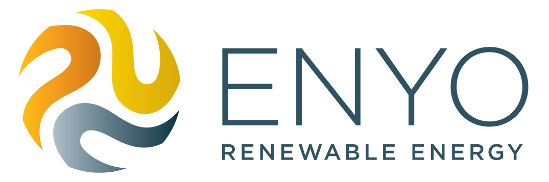 A logo for enyo renewable energy with a flame on it