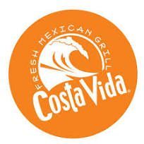 The costa vida mexican grill logo is orange and white with a wave in the middle.