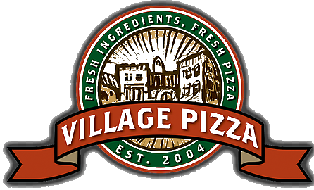 A logo for village pizza with a ribbon around it