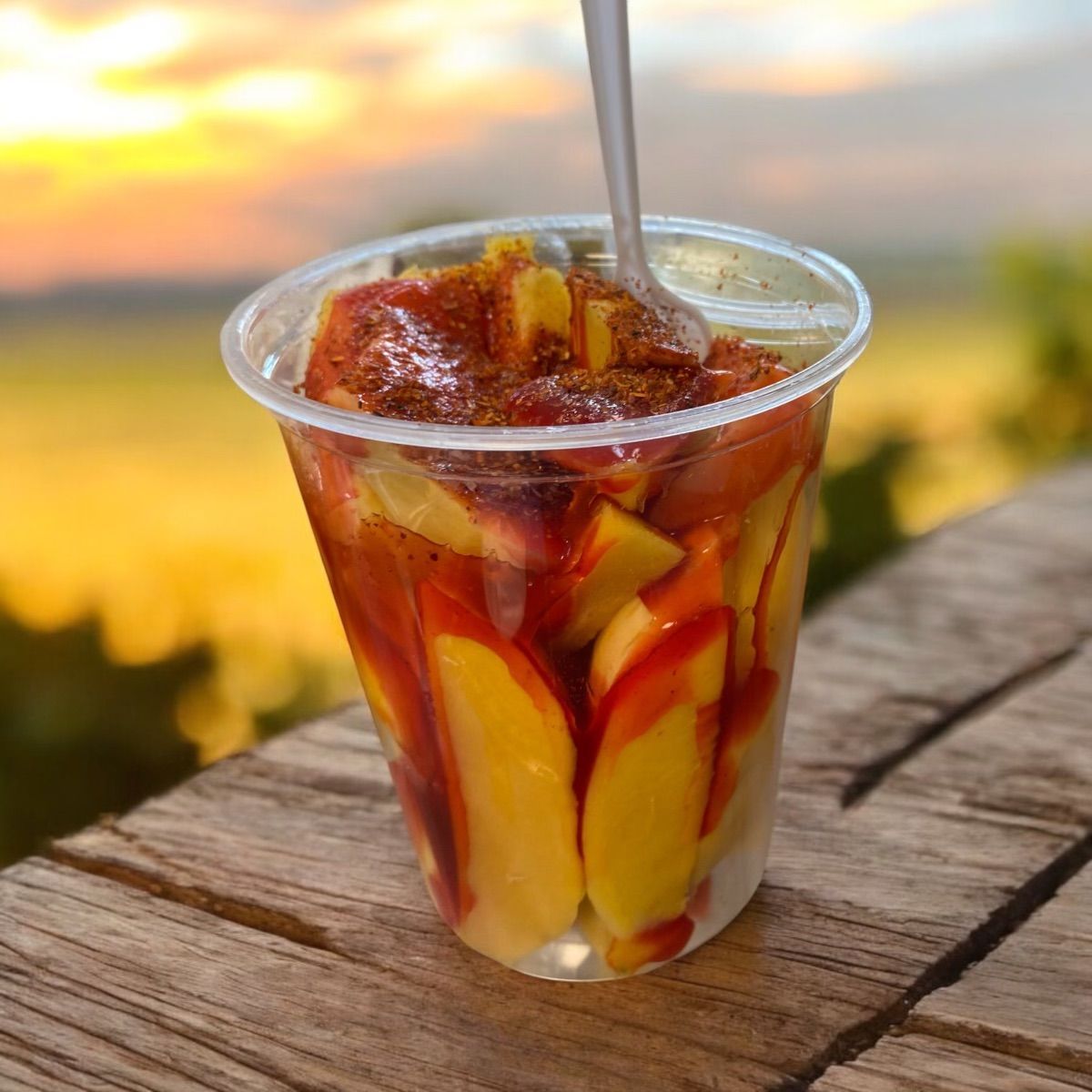 A cup of fruit with a spoon in it