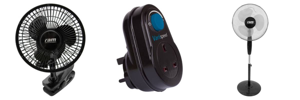 Fans and speed controllers for air circulation in a hydroponic grow room
