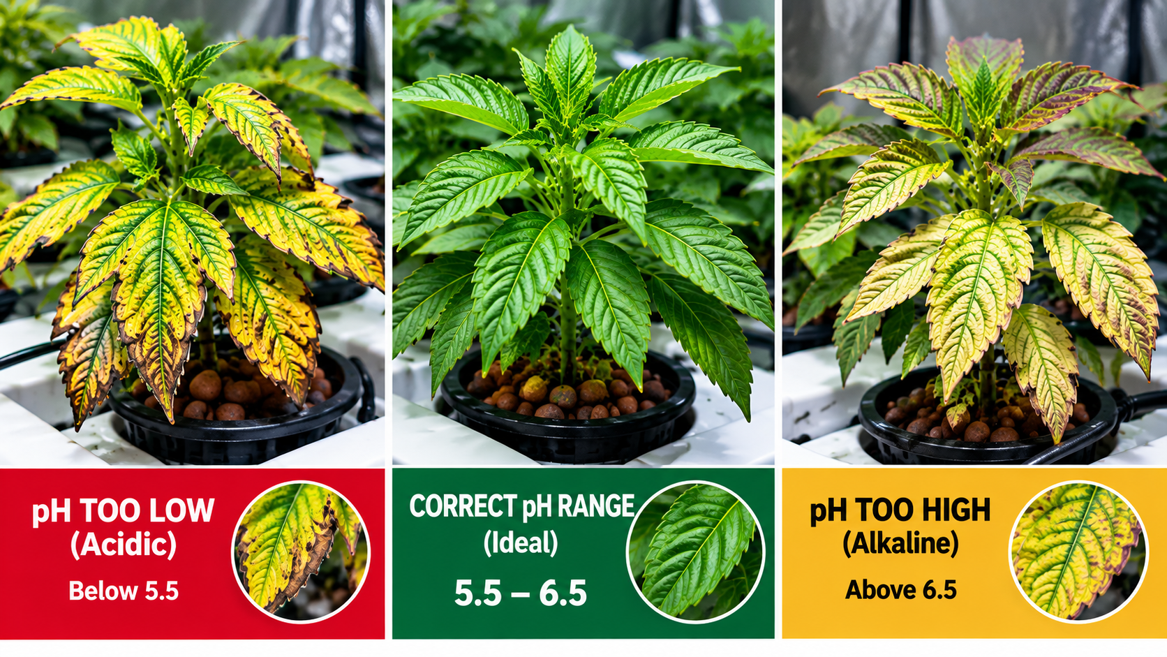 The pH of a nutrient solution in a hydroponic grow room affects the quality and appearance of the plants