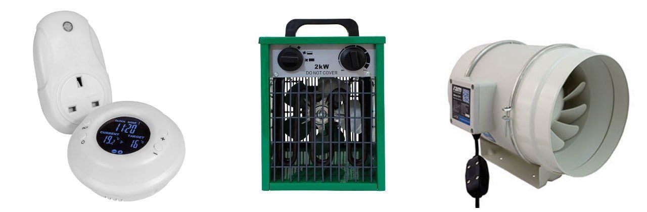 Maintain growroom temperatures with a heater, fan and thermostat