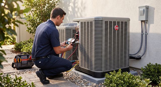 Technician kneeling beside outdoor HVAC unit, inspecting it with a tool beside the house.