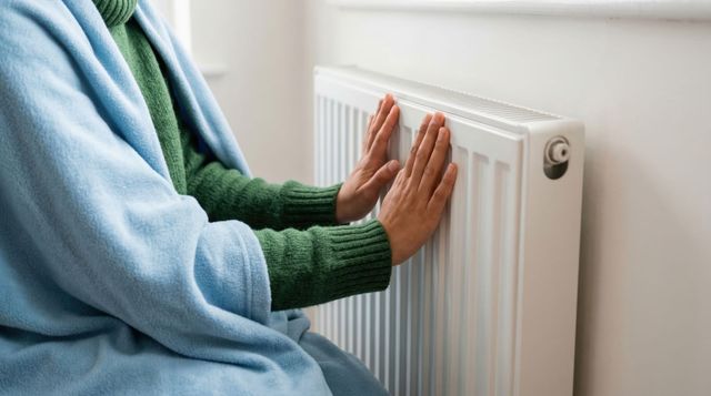 Person warming hands on a white radiator, wrapped in a blue blanket and green sweater.